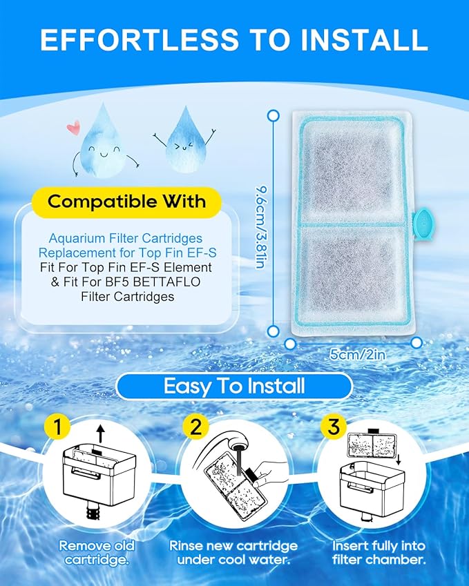 12 Pack Upgraded EF-S Filter Cartridge Compatible with Top Fin Filter Cartridges, EF-S Fish Tank Filters Compatible with Top Fin Aquarium Filters for BF5 BETTAFLO
