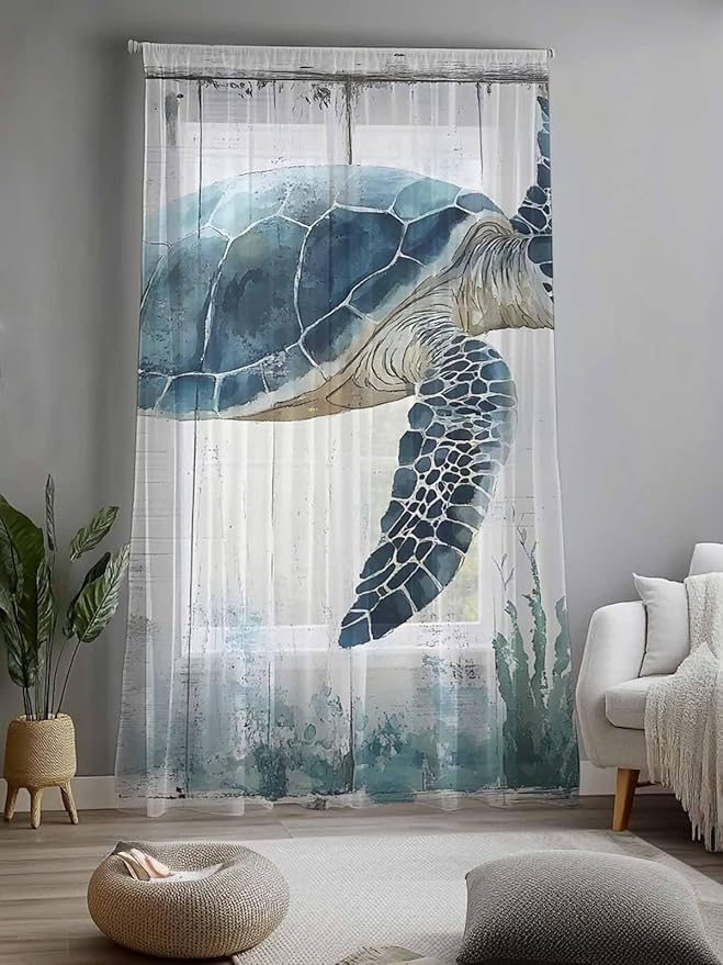 Sheer Curtains 96 Inches Long, Sea Turtle Teal Blue Semi Sheer Curtains Light Filtering Window Treatment, Summer Coastal Ocean Wood Grain Privacy Voile Drapes for Living Room Bedroom 52x96 Inch