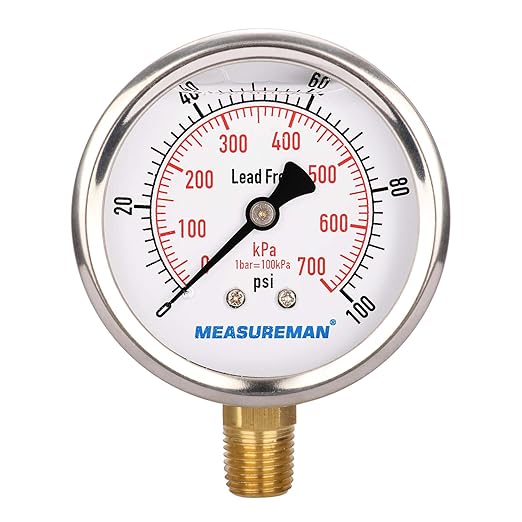 MEASUREMAN Lead-Free Pressure Gauge, 2-1/2inch Dial, Glycerin Filled, 0-100psi/kpa, Stainless Steel Case, 1/4inchNPT Lower Mount