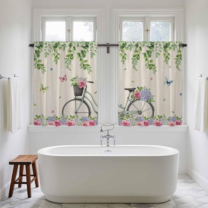 Farmhouse Spring Kitchen Curtains, Retro Bicycles Flowers Vines Butterfly Light Filtering Window Curtain Panels, 2Pcs Rod Pocket Window Treatments Set for RV Dining Room Study Room 42x54 Inches