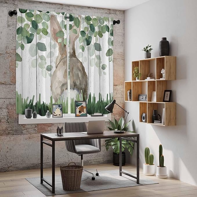 Easter Kitchen Curtains, Country Rabbit Botanical Leaves Wooden Grain Light Filtering Window Curtain Panels, 2Pcs Rod Pocket Window Treatments Set for Living Room Bathroom Bedroom 42x63 Inches