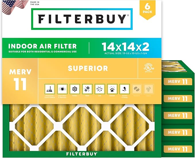 Filterbuy 14x14x2 Air Filter MERV 11 Superior Pet & Allergy Defense (6-Pack), Electrostatic Pleated HVAC AC Furnace Filters Replacement, Made in USA (Actual Size: 13.50 x 13.50 x 1.75)