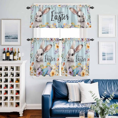 Happy Easter Kitchen Curtains Set 3 Piece for Windows,Rod Pocket Valance and Tier Set 24 Inch Length,Spring Grey Bunny Colorful Eggs Flower Blue Light Filtering Cafe Curtains for Living Room