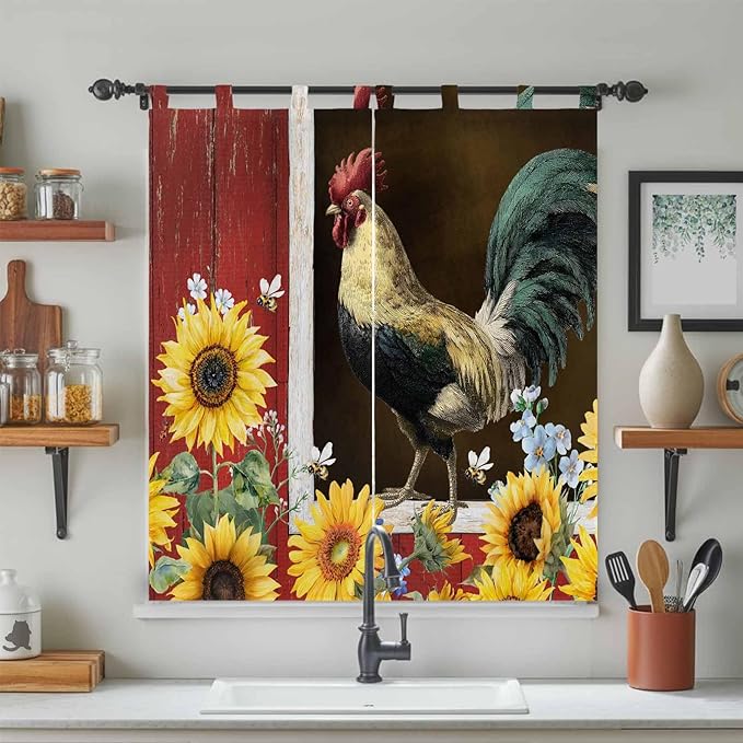 Chicken Sunflowers Bedroom Curtains 72 Inch Length, Window Curtains Tab Top, Farmhouse Animals Red Barn Bees Light Filtering Window Treatments Drapes 52"x72" 2 Panel