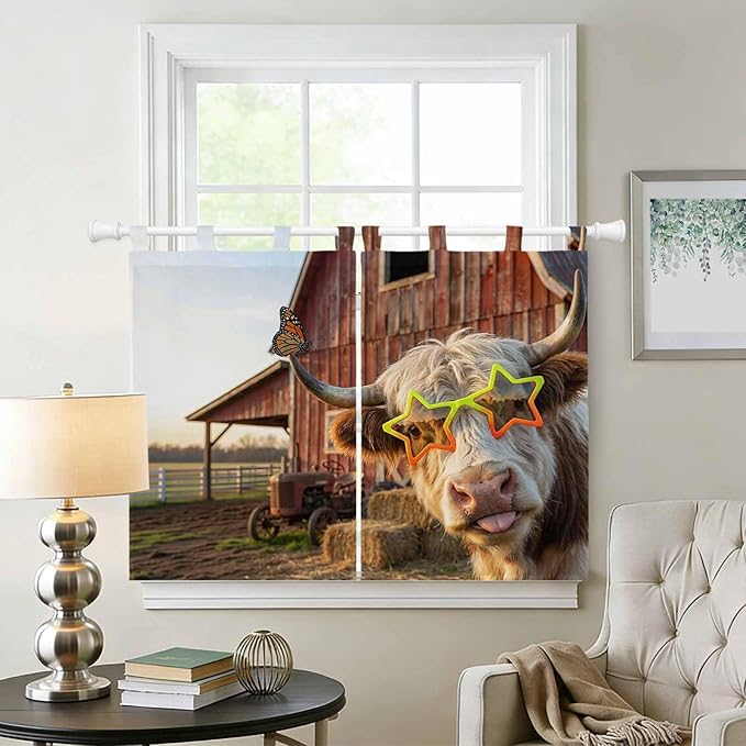 Farm Yaks Bedroom Curtains 63 Inch Length, Window Curtains Tab Top, Farmhouse Barn Funny Animals Butterfly Light Filtering Window Treatments Drapes 42"x63" 2 Panel