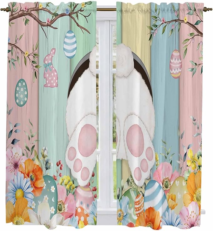 Easter Window Curtains 63 Inch Long 2 Panel Set, Rod Pocket Bedroom Curtains & Drapes, Spring Colorful Bunny Eggs Flower Wood Grain Light Filtering Window Treatment for Living Room 42"W x 63"L