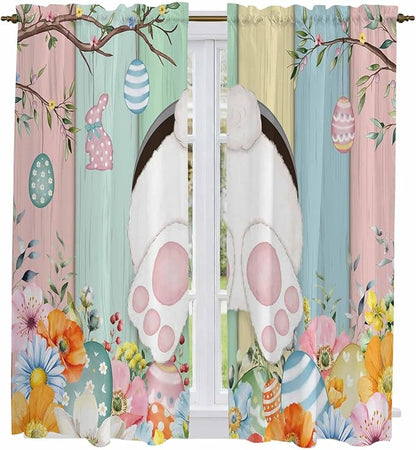 Easter Window Curtains 63 Inch Long 2 Panel Set, Rod Pocket Bedroom Curtains & Drapes, Spring Colorful Bunny Eggs Flower Wood Grain Light Filtering Window Treatment for Living Room 42"W x 63"L