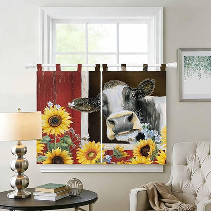 Cows Sunflowers Bedroom Curtains 63 Inch Length, Window Curtains Tab Top, Rustic Farms Barns Flowers Bees Animals Light Filtering Window Treatments Drapes 42"x63" 2 Panel