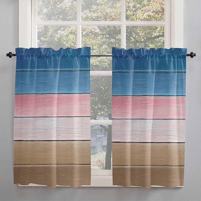 Blue Pink Brown Gradient Wood Grain Window Valance Curtains, Vintage Wood Board Light Filtering Kitchen Valance with 3-inch Rod Pocket for Living Room Bathroom Bedroom,2 Panel,27.5x45In