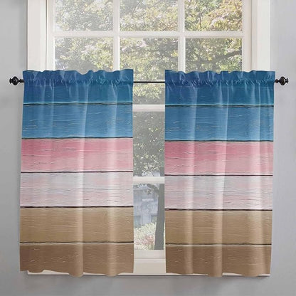 Blue Pink Brown Gradient Wood Grain Window Valance Curtains, Vintage Wood Board Light Filtering Kitchen Valance with 3-inch Rod Pocket for Living Room Bathroom Bedroom,2 Panel,27.5x45In