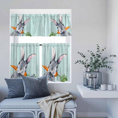 Easter Kitchen Curtain Set, Spring Rabbit Botanical Carrots Green Wooden Grain Window Valance and Tiers 24" Length, Light Filtering Short Curtains Valance for Cafe Bathroom Bedroom 54"x18"