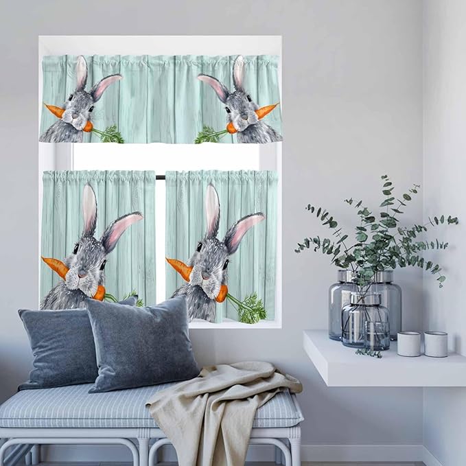 Easter Kitchen Curtain Set, Spring Rabbit Botanical Carrots Green Wooden Grain Window Valance and Tiers 36" Length, Light Filtering Short Curtains Valance for Cafe Bathroom Bedroom 54"x18"