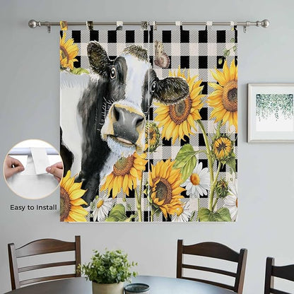 Retro Sunflowers Living Room Curtains 84 Inch Length, Window Curtains Tab Top, Farmhouse Floral Cow Butterfly Black Plaid Light Filtering Window Treatments Drapes 42"x84" 2 Panel