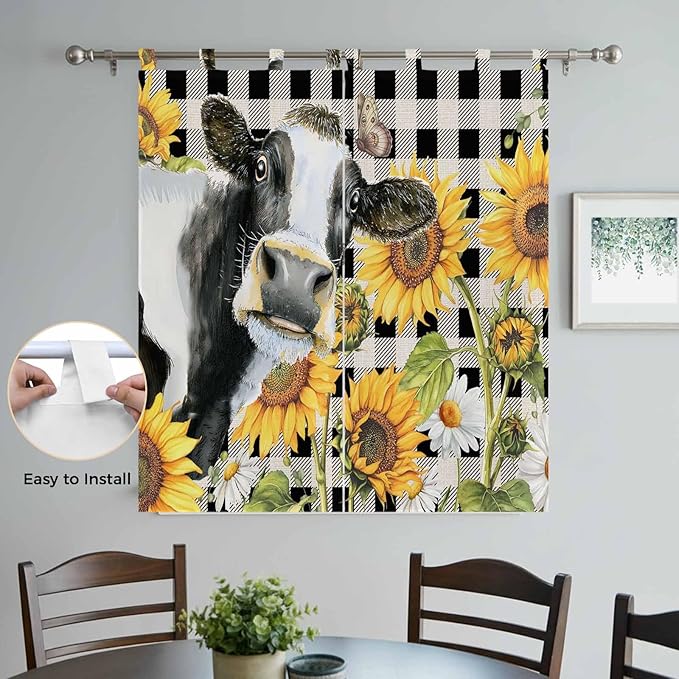 Retro Sunflowers Bedroom Curtains 72 Inch Length, Window Curtains Tab Top, Farmhouse Floral Cow Butterfly Black Plaid Light Filtering Window Treatments Drapes 52"x72" 2 Panel
