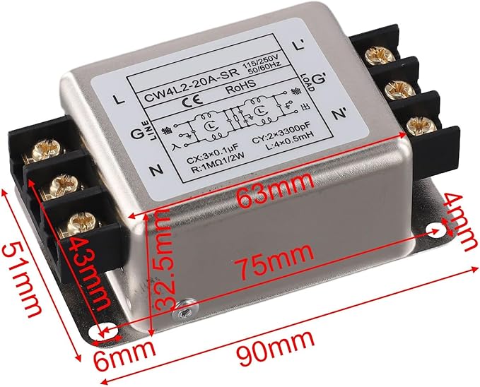 Single-Phase 2-Stage Power Supply Filter Anti-interference With Alloy Shell For CW4L2 Models Electrical And Electronic Equipment(20A)