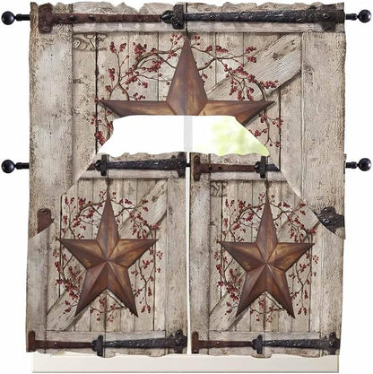 Country Star Swag Kitchen Curtains Valance and Tier Set, VintageRust Yellow Star Berry Beige Barn Gate Light-Filtering Swag Valance 36 Inch Length, Rod Pocket Short Curtain for Bedroom Cafe