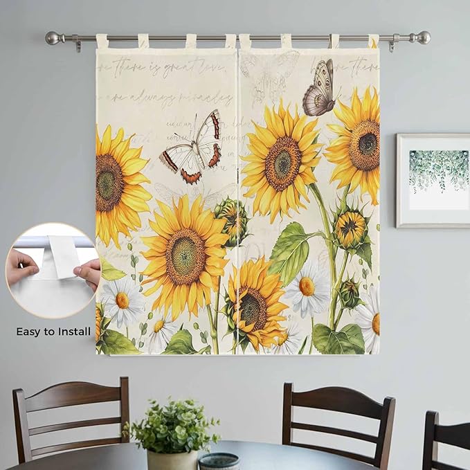Farm Sunflowers Living Room Curtains 84 Inch Length, Window Curtains Tab Top, Retro Flowers Butterfly Botanical Beige Light Filtering Window Treatments Drapes 42"x84" 2 Panel