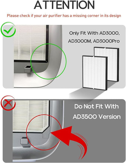 Replacement Filter Compatible with Air Doctor AD3000 AD3000M AD3000Pro Air Cleaner Purifier, Not for AD3500 Version, Include 2 High-Performance Filters