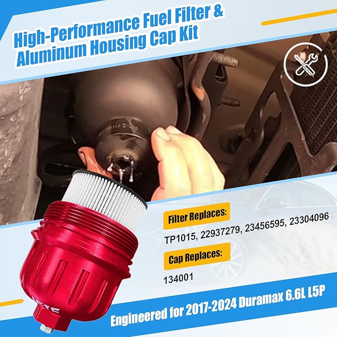 iFJF TP1015 Fuel Filter and 134001 Housing Cap Replacement for Duramax 6.6L 2017-2024 Chevy Silverado/GMC Sierra 2500HD 3500HD L5P Diesel Engine (Red Cap)