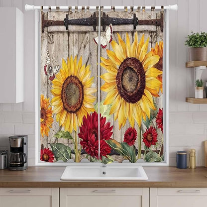 Sunflowers Living Room Curtains 84 Inch Length, Window Curtains Tab Top, Retro Flower Barn Doors Butterfly Farmhouse Brown Light Filtering Window Treatments Drapes 52"x84" 2 Panel