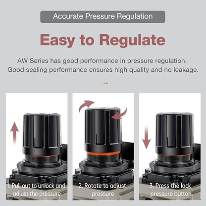 SNS 1”NPT Compressed Air Filter Regulator Piggyback Combo, Semi-auto Drain, 5 Micron Brass Filter, Gauge and Bracket, Poly Bowl with Metal Guard AW5000-N10A