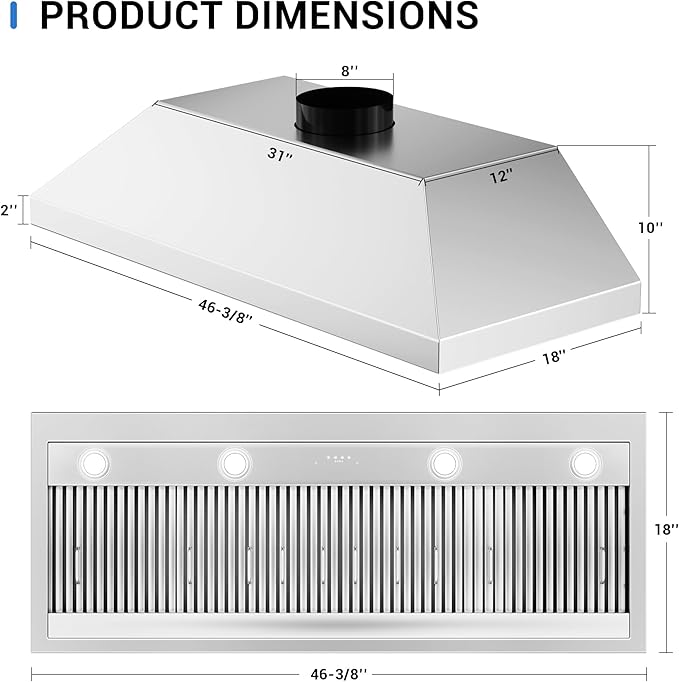 CT Copper Tailor Built-in Range Hood Insert Vent 48 Inch, 1150 CFM with 4-Speed Fan, LED Light, Dishwasher-safe Baffle Filter,Stainless Steel