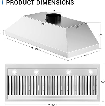 CT Copper Tailor Built-in Range Hood Insert Vent 48 Inch, 1150 CFM with 4-Speed Fan, LED Light, Dishwasher-safe Baffle Filter,Stainless Steel