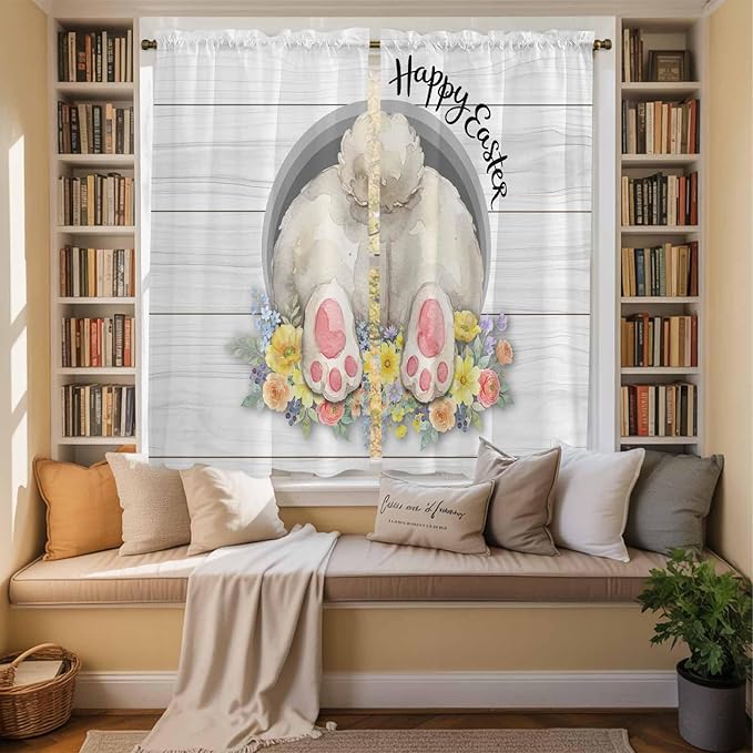 Easter Bunny Window Curtains 63 Inch Long 2 Panel Set,Rod Pocket Bedroom Curtains & Drapes,3D Optical Illusion Farmhouse Flower Wood Grain Light Filtering Window Treatment for Living Room 42"W x 63"L