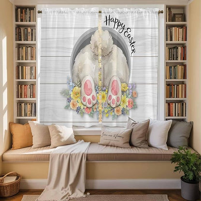 Easter Bunny Window Curtains 63 Inch Long 2 Panel Set,Rod Pocket Bedroom Curtains & Drapes,3D Optical Illusion Farmhouse Flower Wood Grain Light Filtering Window Treatment for Living Room 42"W x 63"L