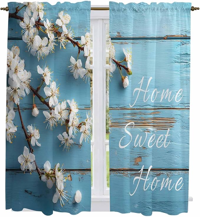 Farmhouse Wooden Grain Kitchen Curtains, Vintage Shabby Chic Flower Blue Light Filtering Window Curtain Panels, 2Pcs Rod Pocket Window Treatments Set for Living Room Bathroom Bedroom 42x63 Inches