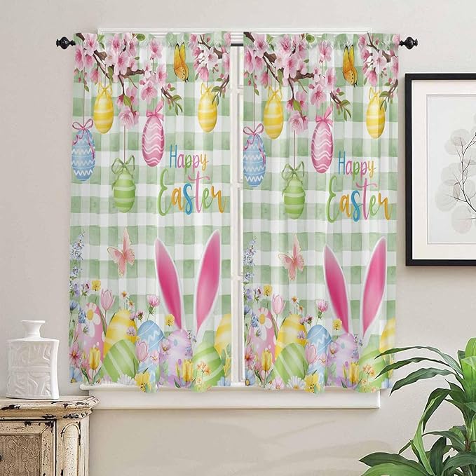 Happy Easter Bedroom Curtains 63 Inches length, Spring Bunny Eggs Flower Sage Green Plaid Window Treatment Curtain Drapes, Rod Pocket Curtain Panels for Living Room Kitchen, 42"x63", 2 Panels