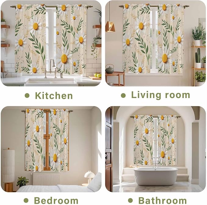Spring Daisy Kitchen Curtains, Country Watercolor Flower Leaf Plant Light Filtering Window Curtain Panels, 2Pcs Rod Pocket Window Treatments Set for Living Room Bathroom Bedroom 42x63 Inches