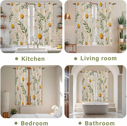 Spring Daisy Kitchen Curtains, Country Watercolor Flower Leaf Plant Light Filtering Window Curtain Panels, 2Pcs Rod Pocket Window Treatments Set for Living Room Bathroom Bedroom 42x63 Inches