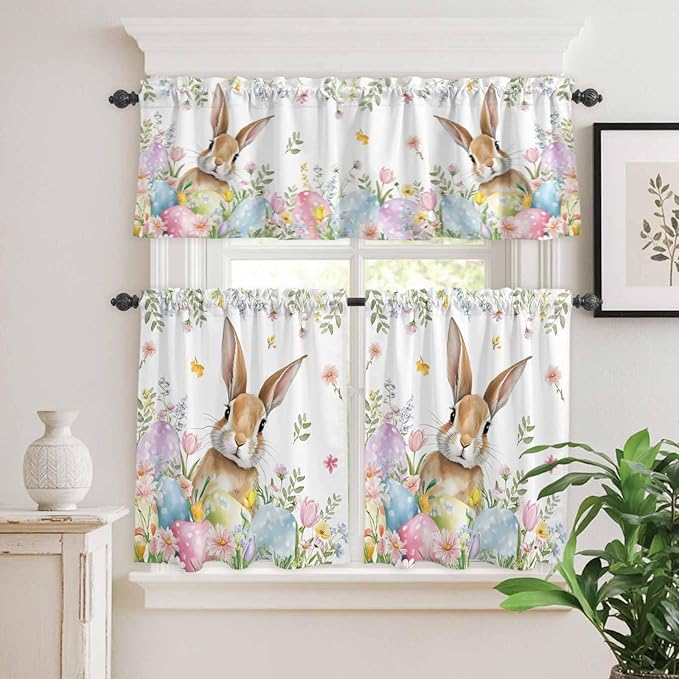 Kitchen Curtains Tiers and Valance Set of 3, Easter Light Filtering Window Curtain Set, Spring Rabbit Colorful Eggs Budding Florals Leaf Rod Pocket Curtain Drapes for Living Room, 24 Inches Tiers