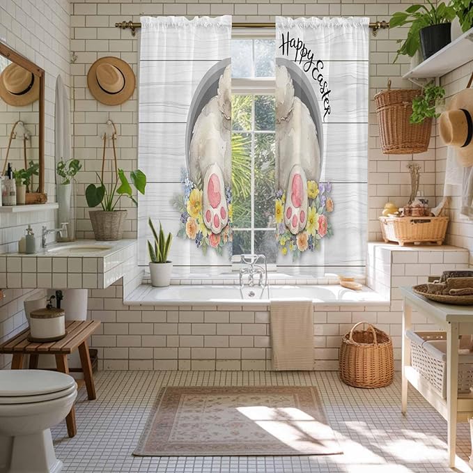 Easter Bunny Window Curtains 63 Inch Long 2 Panel Set,Rod Pocket Bedroom Curtains & Drapes,3D Optical Illusion Farmhouse Flower Wood Grain Light Filtering Window Treatment for Living Room 42"W x 63"L