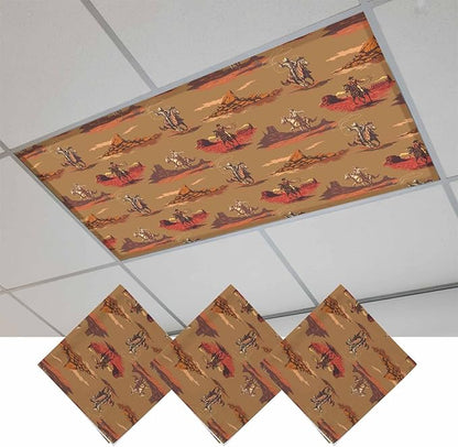 Cowboys Horses 3 Pcs Fluorescent Light Covers 4 x 2 Feet, Desert Ethnic Winds Brown Background Covers for Ceiling Lights Magnetic Light Cloth Filter for Classroom Office Home