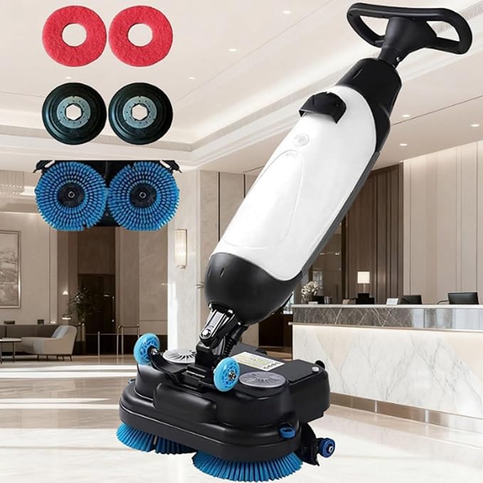 Commercial Floor Scrubber Machine Lightweight Electric Floor Cleaner with 17" Cleaning Width, Rotary Double Brushes, 360° Rotating Head, Efficiently Scrubs The Floor and Leaves it Dry White