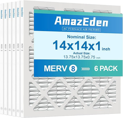 14x14x1 Air Filter 6 Pack (MERV 8) HVAC AC Furnace Air Filters 14x14 Pleated Dust Defense Replacement for Home MPR 600 FPR 5 (Actual Size: 13.75x13.75x0.75 Inches)