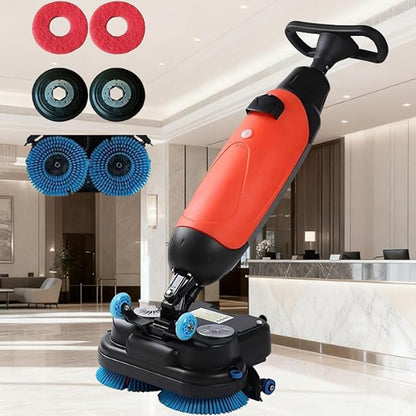 Commercial Floor Scrubber Machine Lightweight Electric Floor Cleaner with 17" Cleaning Width, Rotary Double Brushes, 360° Rotating Head, Efficiently Scrubs The Floor and Leaves it Dry Red