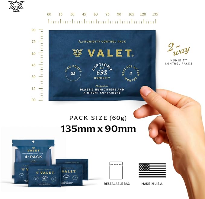 Valet 69% Two-Way Humidity Packs for Plastic Containers, 12-Pack, 60g Each, Humidifier Pack Prevents Leaks and Controls Moisture with Natural Craft Paper Design