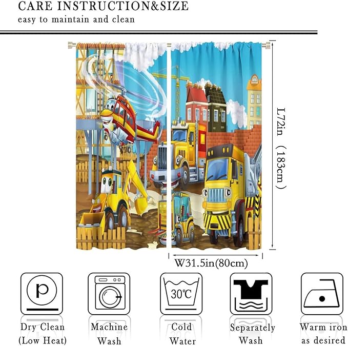Kids Cartoon Construction Window Curtains, Funny Construction Site Cars and Helicopter Rod Pocket Decorative Windows Curtain for Children Teens Room Decor 63x72in (30% Blackout)