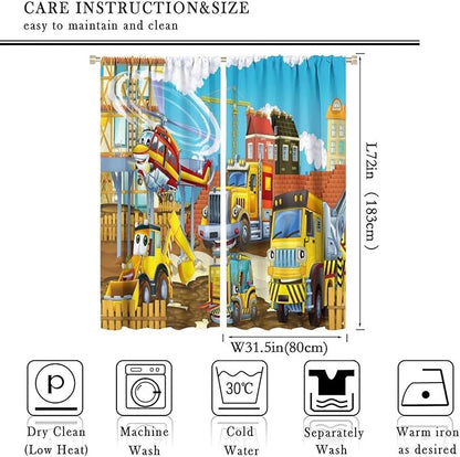 Kids Cartoon Construction Window Curtains, Funny Construction Site Cars and Helicopter Rod Pocket Decorative Windows Curtain for Children Teens Room Decor 63x72in (30% Blackout)