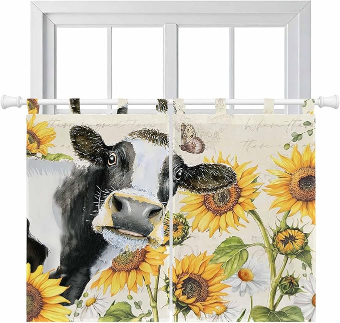 Yellow Sunflowers Kitchen Curtains 45 Inch Length, Short Cafe Window Curtains Tab Top, Country Cow Flower Butterfly Farmhouse Cream Light Filtering Window Treatments Tier Drapes 27.5"x45" 2 Panel