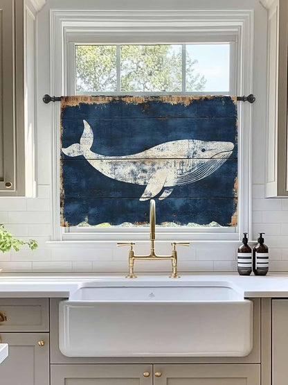 Sheer Curtains 54 Inch Length, Ocean Whale Blue Semi Sheer Curtains Light Filtering Window Treatment, Summer Sea Vintage Wooden Grain Privacy Voile Drapes for Living Room Bedroom 52x54 Inch