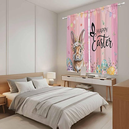 Easter Kitchen Curtains, Spring Rabbit Eggs Flowers Flags Leaves Wood Grain Light Filtering Window Curtain Panels, 2Pcs Rod Pocket Window Treatments Set for Living Room Bathroom Bedroom 42x63 Inches
