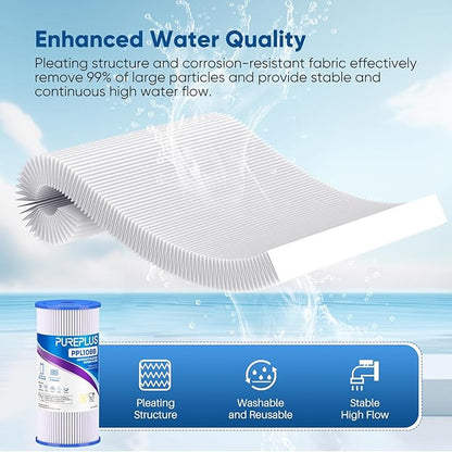 PUREPLUS 5 Micron 10" x 4.5" Whole House Pleated Sediment Filter for Well Water, Replacement Cartridge for GE FXHSC, Culligan R50-BBSA, Pentek R50-BB, DuPont WFHDC3001, W50PEHD, GXWH40L, 4Pack