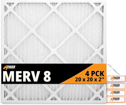 Tiger Tough 20x20x2 Air Filter MERV 8 MPR 600-800, High-Performance Pleated HVAC AC Furnace Filter Replacement for Home, 4-Pack