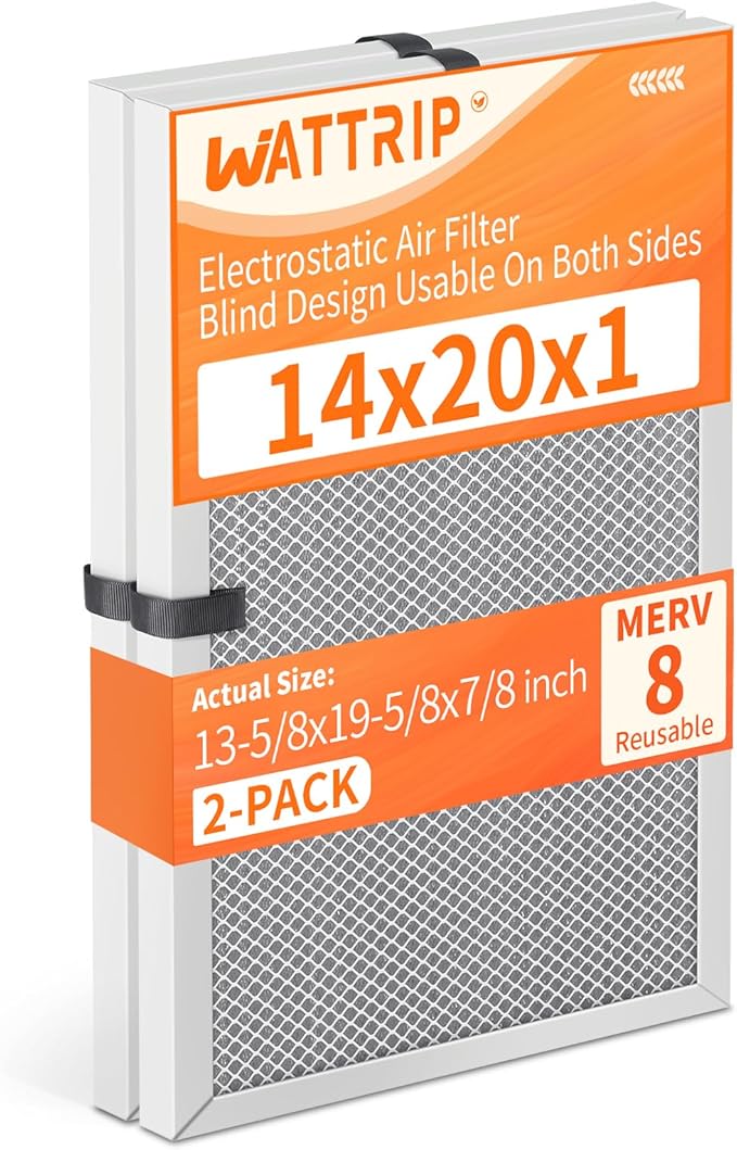 2-Pack 14x20x1 MERV 8 Reusable & Washable Electrostatic Air Filters - Long-Lasting Filter for HVAC, Furnace & Air Conditioner Units, Actual Size: 13-5/8” x 19-5/8” x 7/8”