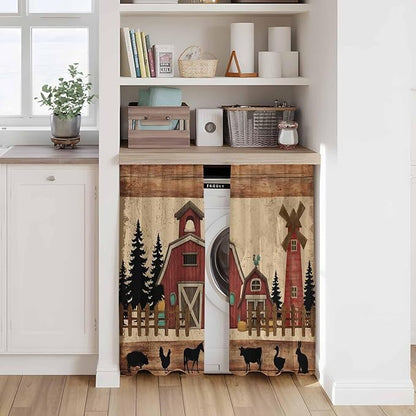 Brown Farmhouse Kitchen Curtains, Vintage Country Animals Wooden Grain Light Filtering Window Curtain Panels, 2Pcs Rod Pocket Window Treatments Set for RV Dining Room Study Room 42x45 Inches