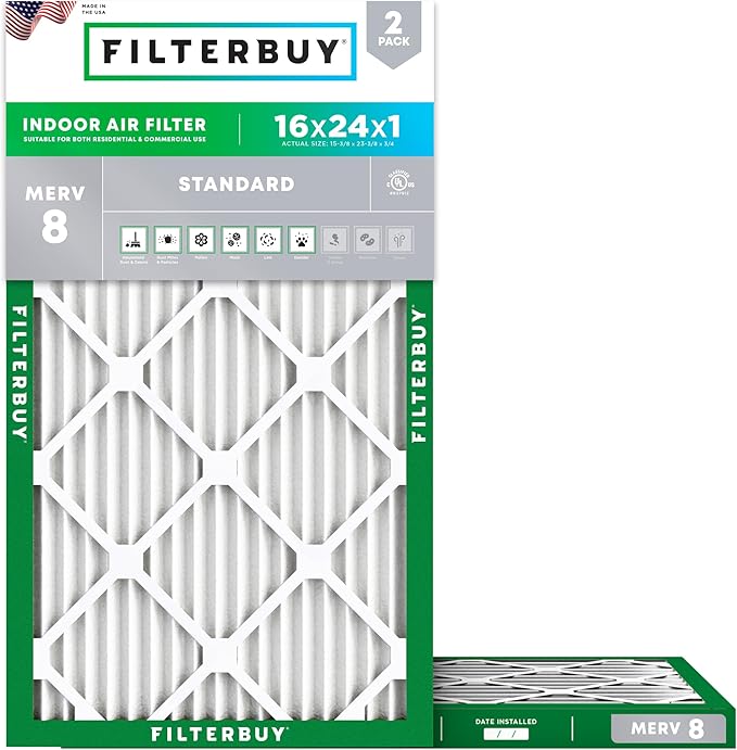 Filterbuy 16x24x1 Air Filter MERV 8 Essential Dust & Allergy Defense (2-Pack), Electrostatic Pleated HVAC AC Furnace Filters Replacement, Made in USA (Actual Size: 15.38 x 23.38 x 0.75)